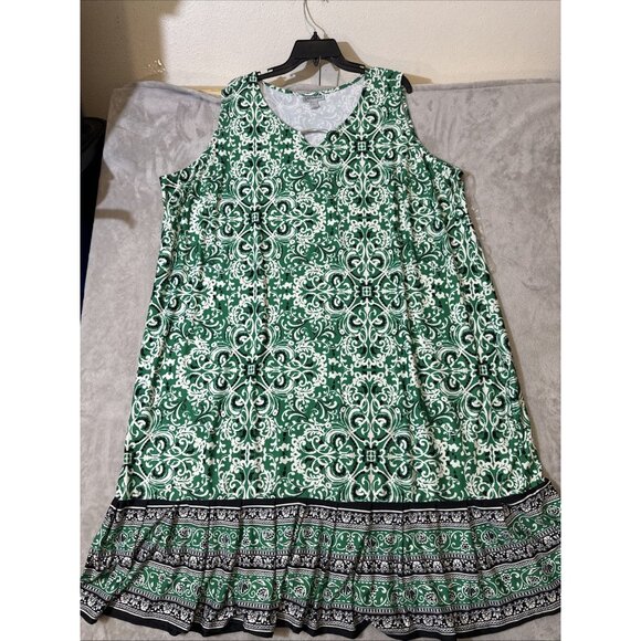 Catherines 3X Green White Sleeveless Dress Plus Size Boho Print Border Hem - Picture 2 of 10